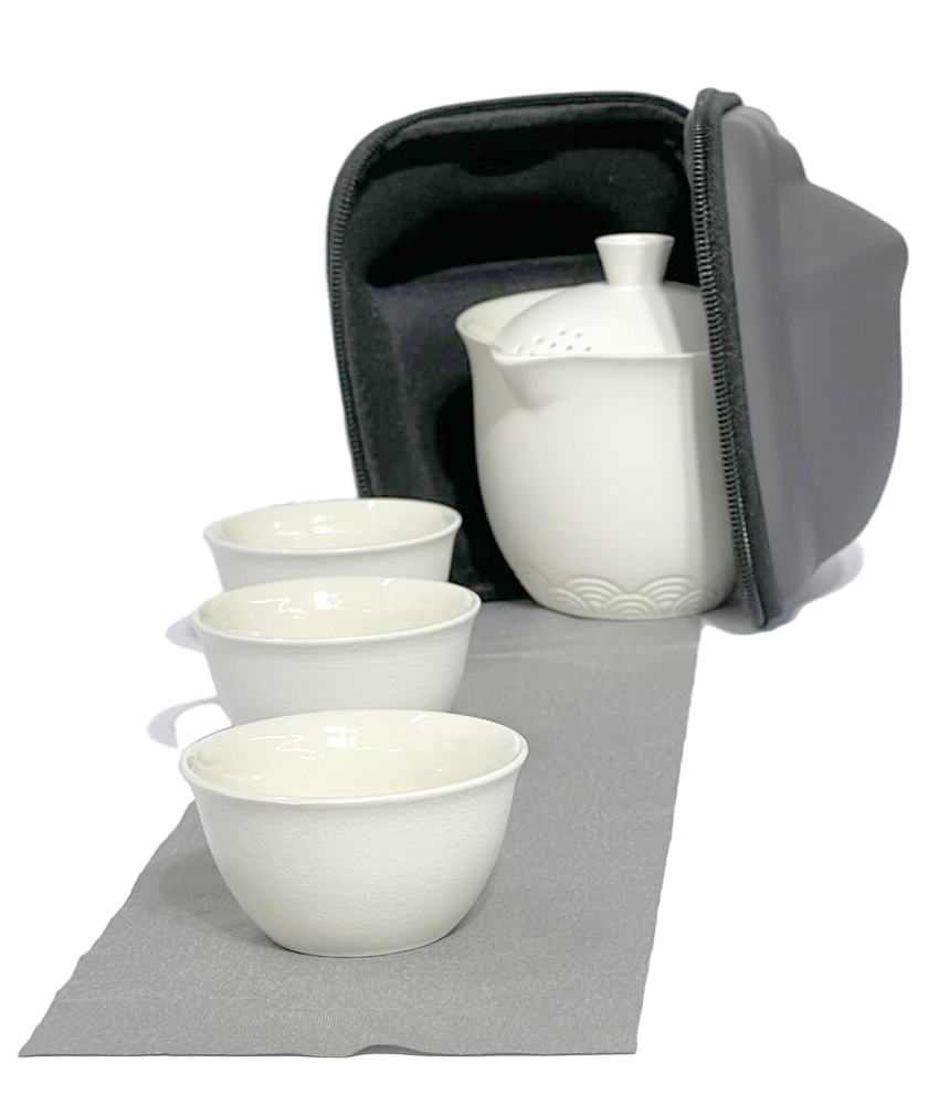 Cloud Clam - Travel Teaset - Molded Case - Ceramic Teapot with cloud detail-3 Teacup Set