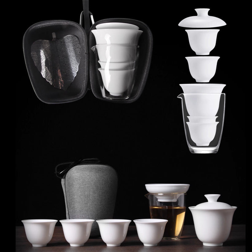 Tardis - Bodhi Leaf Travel Tea-set, Porcelain Gaiwan & 4 tea cups, glass faircup, porable bag.