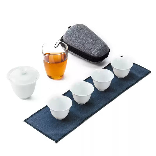 Tardis - Bodhi Leaf Travel Tea-set, Porcelain Gaiwan & 4 tea cups, glass faircup, porable bag.