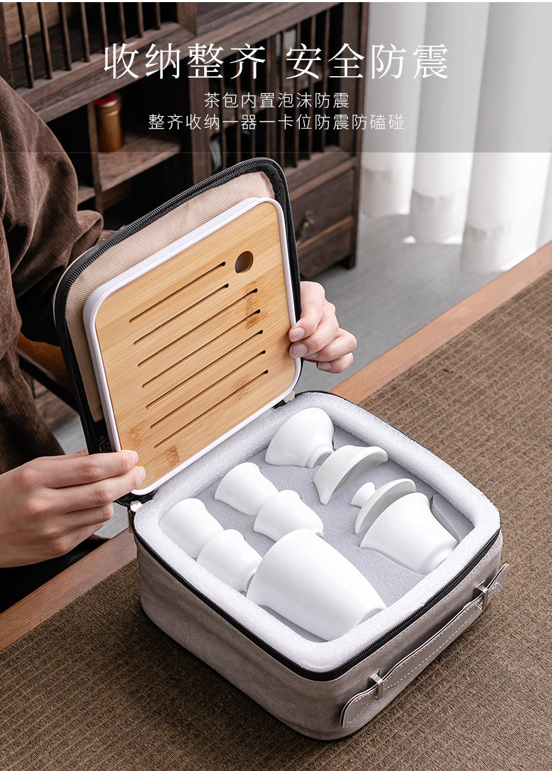 HoeDown - White Porcelain Travel Tea set - Sq Grey - Gaiwan, faircup, 4 cups, tea tray