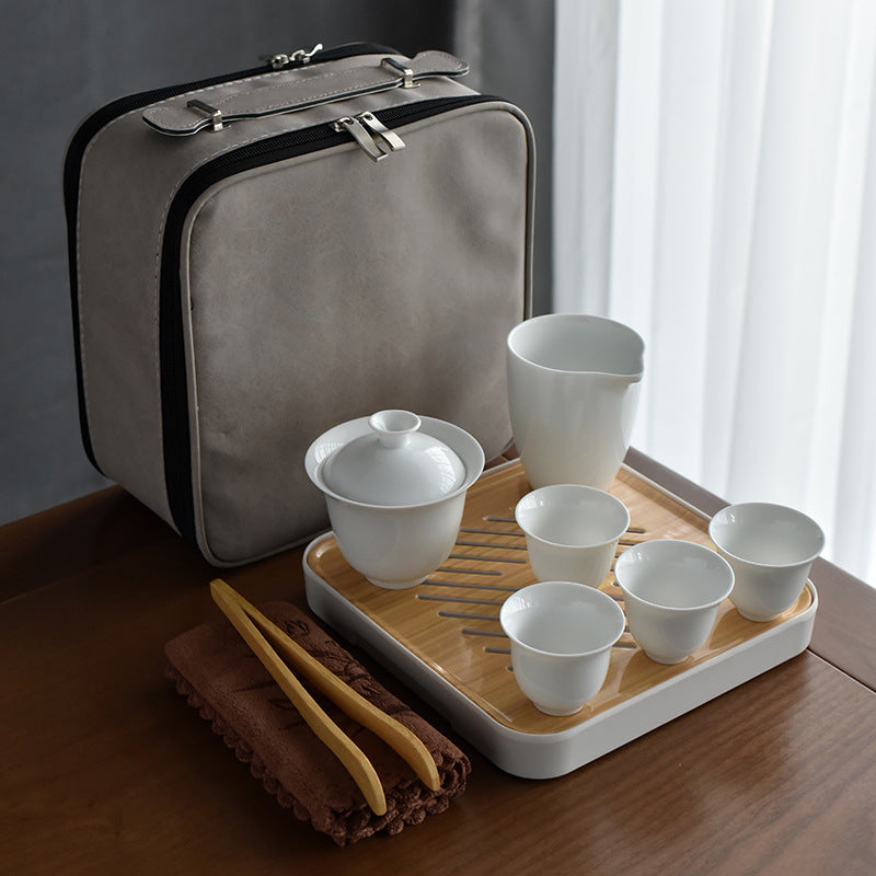 HoeDown - White Porcelain Travel Tea set - Sq Grey - Gaiwan, faircup, 4 cups, tea tray