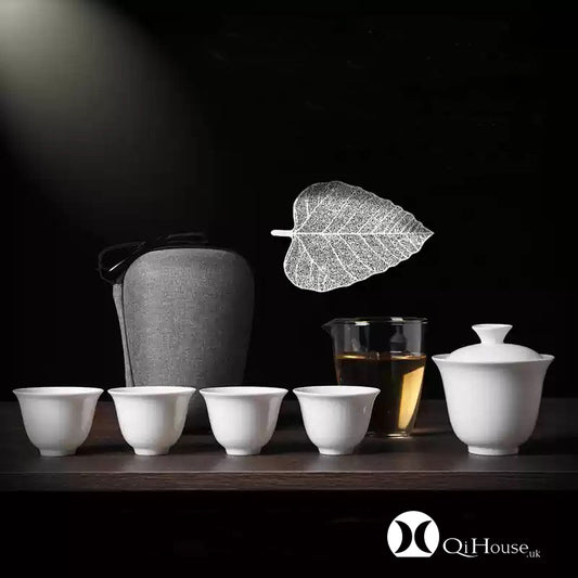 Tardis - Bodhi Leaf Travel Tea-set, Porcelain Gaiwan & 4 tea cups, glass faircup, porable bag.