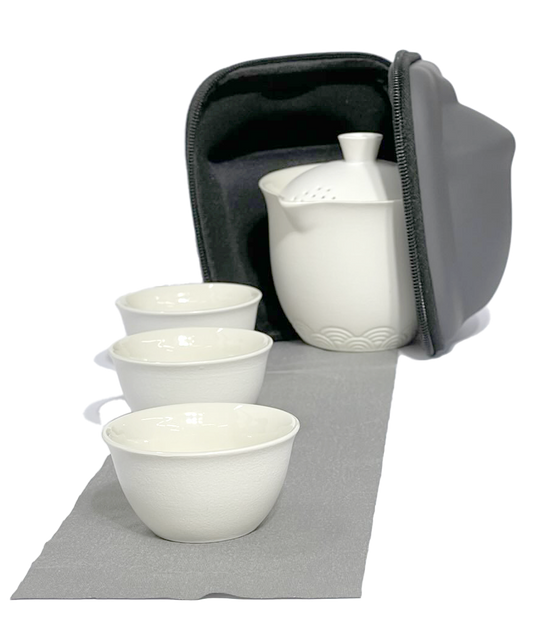 Cloud Clam - Travel Teaset - Molded Case -  Ceramic Teapot with cloud detail-3 Teacup Set