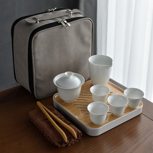 HoeDown - White Porcelain Travel Tea set - Sq Grey - Gaiwan, faircup, 4 cups, tea tray